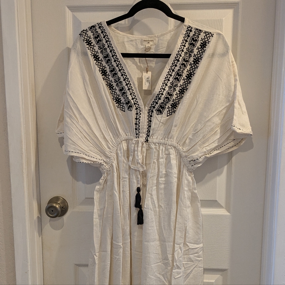 Mira Cream Maxi Dress Size S/M Embroidered Kaftan V Neck Tie Waist